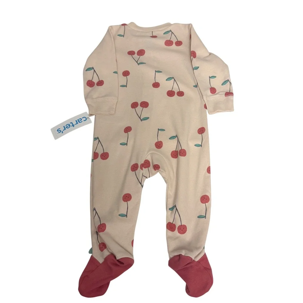 Carters 9M Pink Cherry Print Cotton Footed Pajamas 2-Way Zip Sleep Play NWT